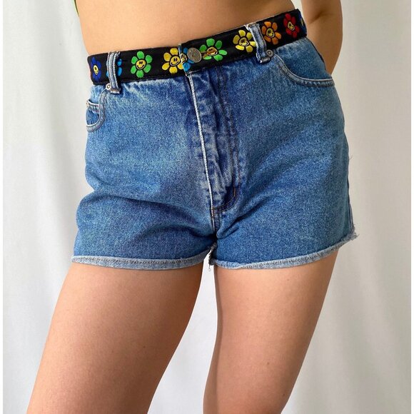 90s vintage rainbow groovy flower retro blue denim high waist mini jean shorts - Picture 1 of 9